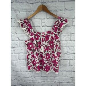 Jennifer Grace Bella Pink Floral Square Neck Flutter Sleeve Crochet Trim Top  M